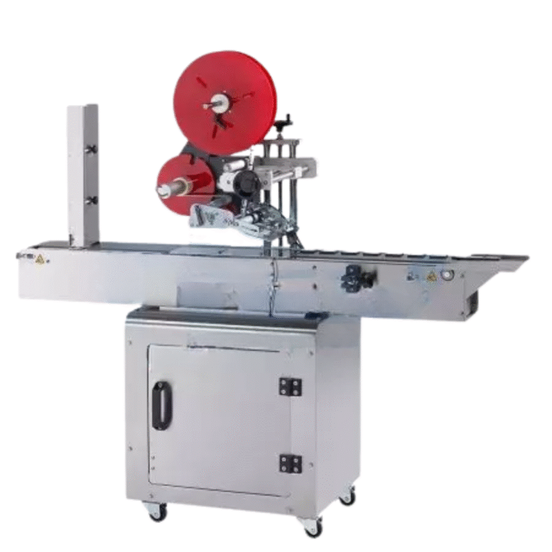 Automatic Top Labeler for Sd Cards Speed: 40~80 pcs/ min (depends on containers and labels size) Accuracy: ± 0.2mm Label size: (W) 5~100mm / (L) 5~250mm Label reel: Inner diameter 75mm / Outer Diameter