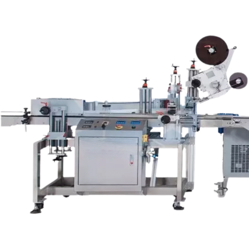 L-shaped angle and round bottle labeling machine Automatic level: Full-automatic Motor: Step motor or optional servo motor Labeling speed: 20 ~ 60 pcs/min (depending on label and product size) Labeling accuracy: ±1 mm Label size: (W) 10–100 mm, (L) 20–250 mm Label roll: (ID) 75 mm, (OD) 280 mm Product size: (W) 10–100 mm, (L) 20–250 mm Power requirement: 110 or 220 VAC, 50/60 Hz, single phase Machine dimension: (L) 3219 mm × (W) 1288 mm × (H) 1541 mm