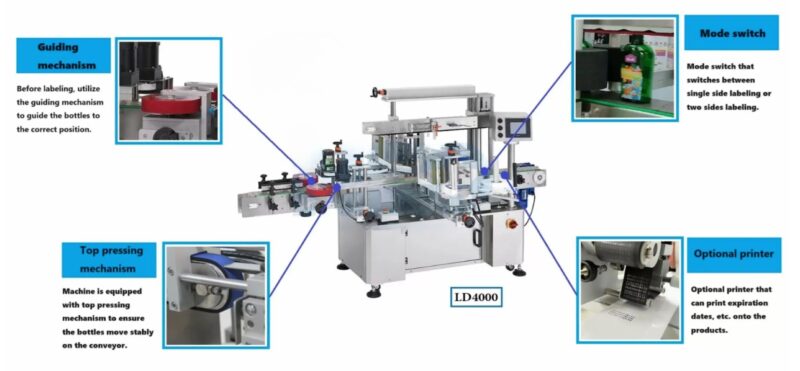 High Speed Front and Back Labeler Degree of Automation: Fully Automatic Motors Spec: Servo Motors Premium Conveyor: 200mm, can be customized. Product Applicable Size: Diameter: 20mm-125mm, Height: 30-160 mm Labeling Speed: 40-100 pcs/min (Varies to product and label sizes) Label Size: (Width) 10-100mm, (Length) 20-300mm Label Roll Internal Diameter: 75mm, Exterior Diameter 300mm Power Supply Requirements: 110 or 220VAC, 50/60Hz Single phase Machine Size: (L)2100mm x (W)1380mm x (H)1500mm