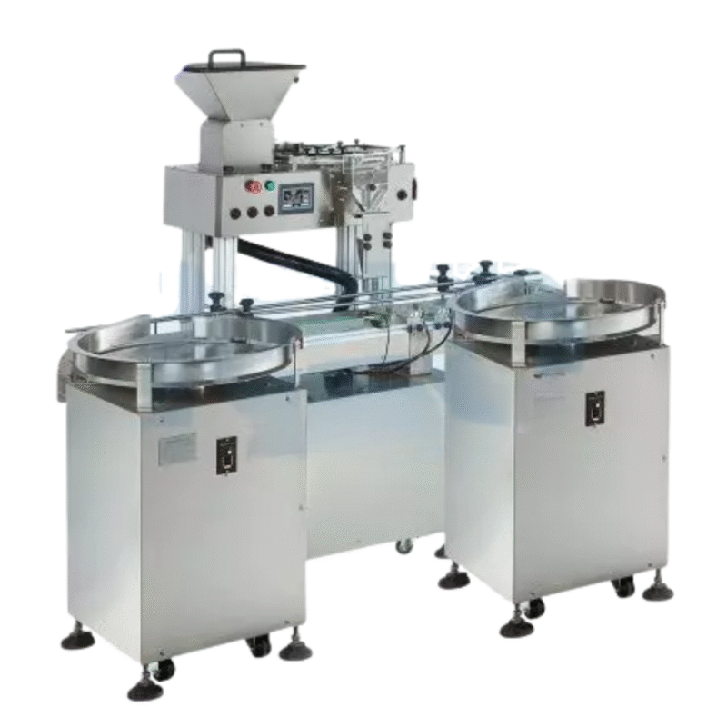 Automatic Capsule Tablet counting machine line Counting speed: 500-1000 pieces/minute (varied by types and sizes) Voltage: 110/220 VAC, 50/60 Hz Bottle size: diameter: 48 mm ~ 100 mm/height: 116 mm Capsule size: diameter > 6 mm, height > 3 mm Tablet size: 2 mm ~ 30 mm Accuracy: ± 1 tablet Dimension: (L) 2500 mm (W) 1800 mm (H) 1300 mm Net weight: 450 kg Spare parts: handwheel, screw, power cable, dust accumulating box, vibration plate, nozzle