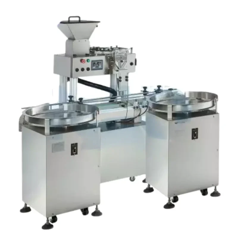 Automatic Capsule Tablet counting machine line Counting speed: 500-1000 pieces/minute (varied by types and sizes) Voltage: 110/220 VAC, 50/60 Hz Bottle size: diameter: 48 mm ~ 100 mm/height: 116 mm Capsule size: diameter > 6 mm, height > 3 mm Tablet size: 2 mm ~ 30 mm Accuracy: ± 1 tablet Dimension: (L) 2500 mm (W) 1800 mm (H) 1300 mm Net weight: 450 kg Spare parts: handwheel, screw, power cable, dust accumulating box, vibration plate, nozzle