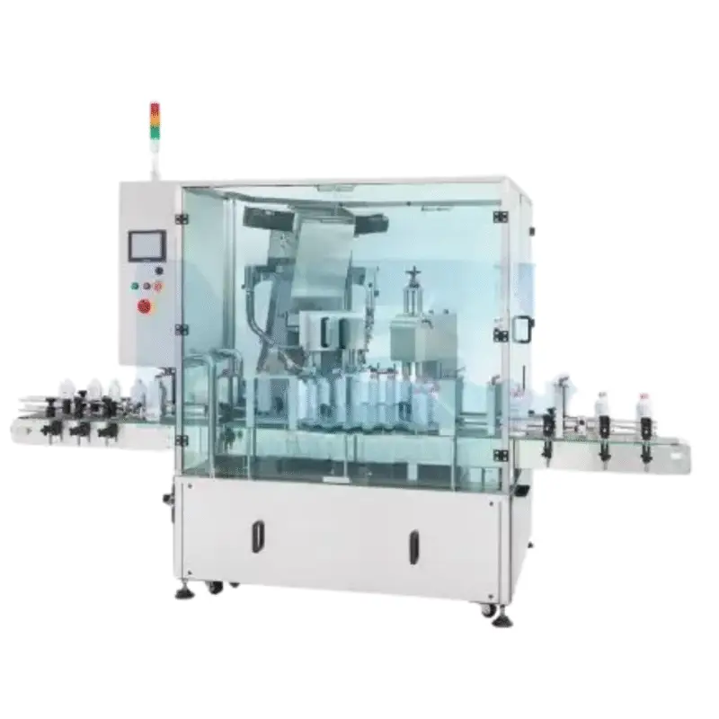 Automatic Press Capping Machine (for Press-on caps) Automation Level： Automatic Capping Method： Pneumatic Capping Capacity：15 ~ 45 pcs/min (Actual speed varies with configuration) Cap Type： Various press-on caps： Leak-proof caps, Pilfer-proof caps, Flip-top caps, Caps with inner plug Cap Outer Diameter： Provide Customization Bottle Height： Provide Customization Required Air Pressure: 2~5 kg Power Requirements：110 or 220VAC, 50/60Hz, single phase (Provide electrical & pneumatic configurations that meet overseas standards) Machine Size：(L)1200mm (W)3000mm (H)2300mm * Actual product specifications may vary