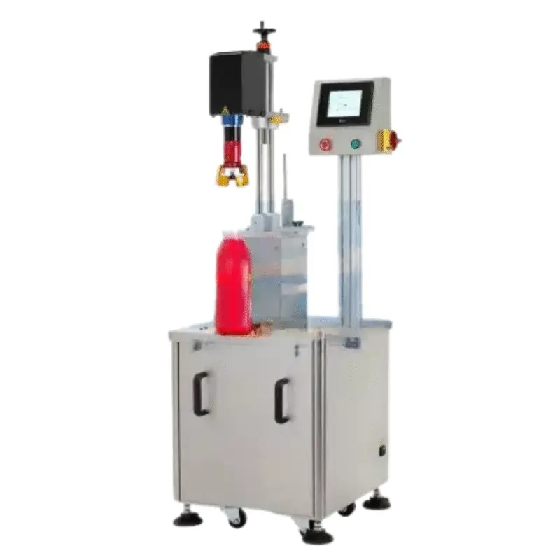 Cap Tightener Machine (Servo Retorquer Capping Machine) Cap type: all kinds Cap outer diameter: 30-60 mm Capping speed: 20-30 bottles/min Air pressure requirement: 2-5kg Power requirement: 110/220VAC, 50/60Hz Machine size: (L) 600mm (W) 600mm (H) 1300mm