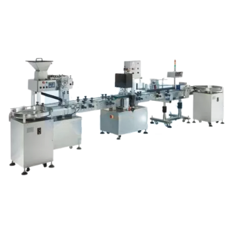Counting Filling Capping labeling Line Tablet Counter Machine Counting speed: 600~1000 pcs/min (depends on product size) Tablet size: height> 2mm, diameter 2~40mm Accuracy: 100% at proper speed (±1pcs at overspeed) Voltage: 110 or 220 VAC Capper Machine Capping speed: 20~40 pcs/min (depends on bottle and cap size) Cap type: All kinds of screw caps Air consumption: 5 kg Voltage: 110 or 220 VAC Labeler Labeling speed: 20~60 pcs/min (depends on product and label size) Label size: (W) 10~100 mm / (L) 20~250mm Label reel: Inner diameter 75mm / Outer diameter 300mm Accuracy: ± 1mm Voltage: 110 or 220 VAC