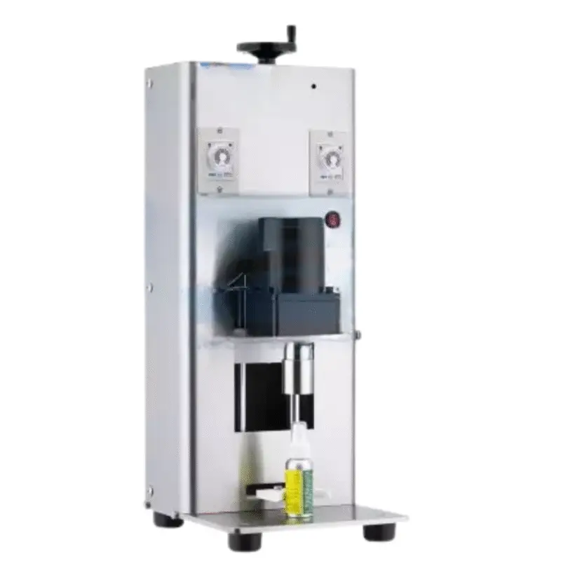 Pneumatic Semi-Automatic Capping Machine Bottle size: height 200mm Capping speed: 20 bottles/min (adjustable according to the sizes of bottles and caps) Cap outer diameter: less than 50 mm Power requirement: 220VAC, 50/60Hz Machine size: (L) 350mm (W) 280 mm (H) 800mm