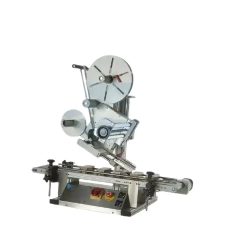 Tabletop Automatic Top Labeler Labeling Speed: 20-80 pcs/min (subject to actual label size) Labeling Precision: ±1 mm Applicable Label Width/Length: 10-100mm/10-250mm Label Reel Diameter: Inside 75mm; Outside 300 mm Power Input: 110/220 VAC; 50/60 Hz Dimensions: (L) 1200mm (W) 520mm (H)780mm