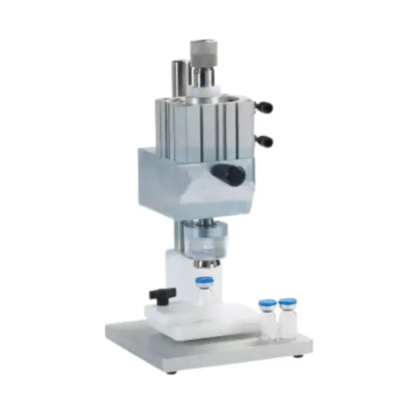 Tabletop Vial Crimping Machine Weight: 5.5 kg (12 lbs) Applicator size: 13mm, 15mm, 20mm Machine volume: 20cm x 19cm x 35cm Equipment Needed: Air compressor with 1 horsepower and above