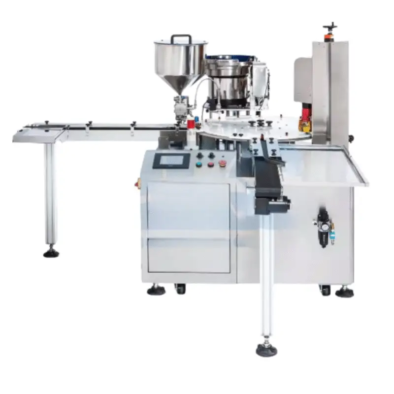 Vial Filling Capping Machine Equipment (Piston Pump Liquid Filler & Capper Line) Hopper size: 10- 20L Filling range: 2- 20ml Overall speed: 10- 30 bpm Filling accuracy：±0.5% Cap types: all cap types Power supply: 220VAC, 50Hz; single phase Dimension: (L)2188mm (W)1878mm (H)1570mm